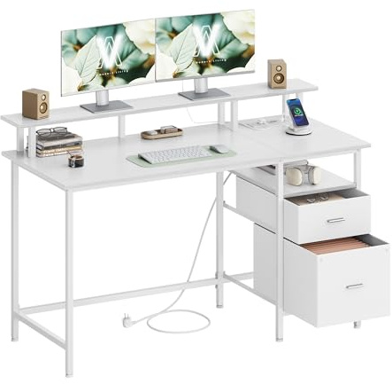VASAGLE Schreibtisch mit Stoff-Schubladen, Computertisch mit Monitorständer, Bürotisch, 2 AC-Steckdosen, 2 USB-A-Anschlüsse, für Homeoffice, 140 x 60 cm, ahornweiß LWD094W01V1