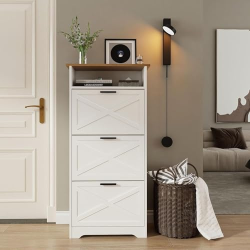 Sumshadow Farmhouse Schuhschrank mit 3 Klappschubladen, Schlankes Schuhregal für den Eingangsbereich, Schuhregal-Organizer für Flur und Diele, Weiß