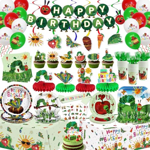 197Pcs Hungry Caterpillar Birthday Decorations, ALL-in-1 Serves 26 | Caterpillar Birthday Tableware with Plates Napkins Tablecloth Banner for The Very Hungry Caterpillar Birthday Decorations