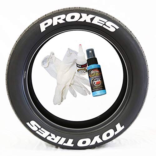Tire Stickers - 'Toyo Tires PROXES' - Permanent Glue On/DIY Easy, White Tyre Lettering Accessory with Free 2oz Bottle Touch-up Cleaner - (17-18/1.25 - 4 Decals)