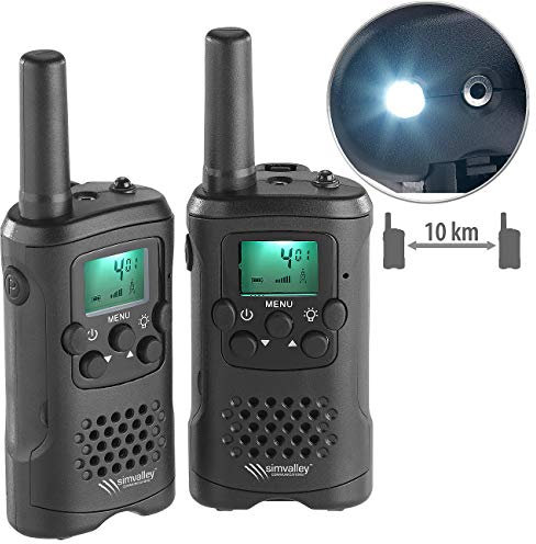 simvalley communications Walkie Talkie: Set di 2 radio PMR con VOX, fino a 10 km di autonomia, Torcia elettrica a LED (Walkie Talkie VOX funzione, Radio portatile, bambini Idee regalo)