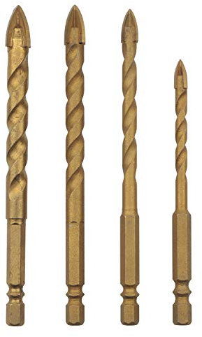 Rowiz 4pcs Titanium Coated Glass Drill Bits Set 4 Cutting Edges Cross Spear Head Drill with Hex Shank for Ceramic Tile Marble Mirror Glass, 6mm 8mm 10mm 12mm