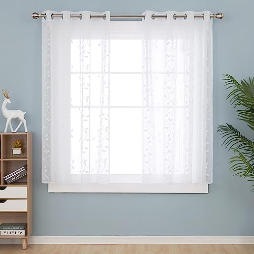 Deconovo Vorhänge, Weiß, 2 Stück, 140 x 138 cm, Stickerei, Vorhänge, Schlafzimmer, Erwachsene, Öse, Motiv Kunstleinen