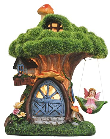 TERESA'S COLLECTIONS 19.5cm Adornos de Jardín Casa de Hadas Luz Solar LED, Decoracion de Jardin Hogar de Resina de Casa del Arbol Habitante con Verde Musgo, Seta y Hada, Decoracion de Navidad