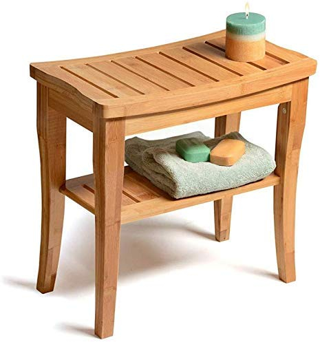 FCXBQ Duschhocker aus Bambus aus Holz, Duschhocker mit Aufbewahrungsregal Tritthocker Funktioniert als Schuhhocker 48 * 25,5 * 43 cm 0101