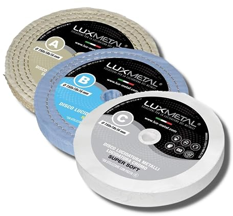 Lux Metal Kit 3 Disco Lucidatura 150 mm (A-B-C) Dischi In Cotone Set Lucidare A Specchio Acciaio Inox Metalli Alluminio Set Lucidante Per Trapano Mola Smerigliatrice Ottone Rame Legno Marmo Plexiglass