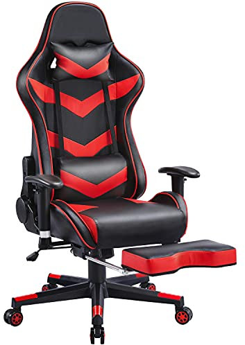 Yaheetech Chaise de Bureau Ergonomique Fauteuil Gaming Hauteur Réglable avec Appui-tête Soutien Lombaire Ajustables Accoudoir Réglable Siège Pivotant Charge de 140kg Noir Rouge