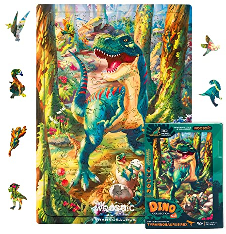 WOOSAIC Wooden Dinosaur Jigsaw Puzzle - Tyrannosaurus Rex, 100 pcs, 7,4 х 10,5, Smooth Wood Edges, Unique Dino Shaped Pieces, Includes 3D Dino Toy, Learning Gift for Kids & Adults