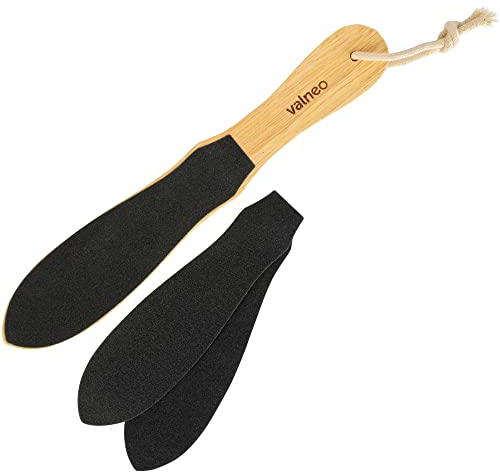 VALNEO Foot File for Hard or Dry Skin - Coarse and Fine Foot Files Made of Rubber Wood - Wooden Paddle Foot Rasp for Callus or Wart Remover w/ 2 Additional Sandpaper Sheets
