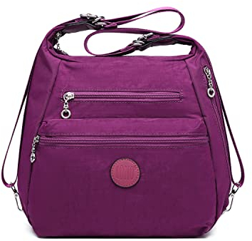 KONO Rucksack Damen Umhängetaschen Nylon Schultertaschen 3 in 1 Anti-Diebstahl Handtasche Wasserdicht Casual Daypack Violett