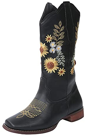 Giardini Stivali Neri Stivali Vintage Occidentali Stivali Stivali da Cowboy Cowgril Stivali da Moto Girasole Ricamato per Stivali da Donna Scarpe Pioggia