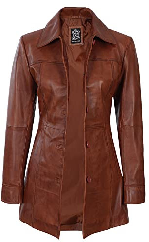 fjackets Echtlederjacke für Damen – Lammfell lange Mäntel für Damen – stilvolle weiche Damen Trenchcoats, Kandis Ledermantel für Damen, Cognac, S