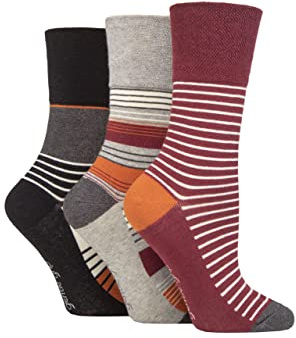 SockShop Gentle Grip Ladies Floral Spotted Patterned and Striped Honeycomb Top Cotton Socks in a Multipack of 3 Assorted Colours Sedimentary Stripe Burgundy/Black/Grey 4-8