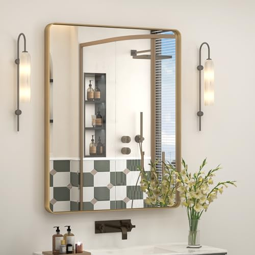 CHARMOR 30 x 36 cm Goldener Spiegel für Badezimmer, gebürsteter goldfarbener Metallrahmen für Schminktisch, rechteckiger Wandspiegel, abgerundete Ecken, bruchsicher, rostfrei (horizontal/vertikal)
