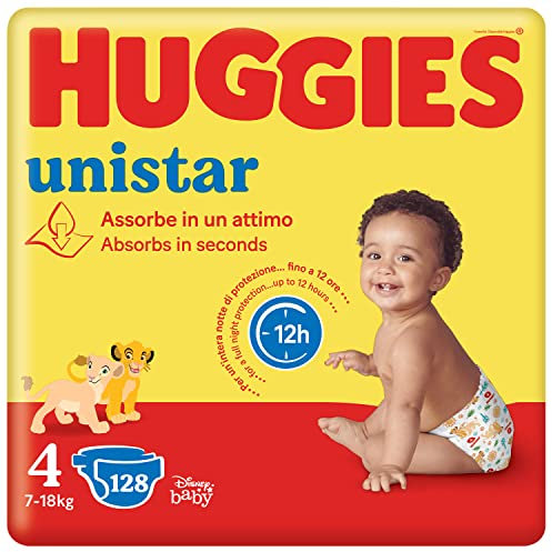 Huggies Unistar Windeln, Größe 4 (7-14 kg), Packung mit 128 Windeln (Basis)