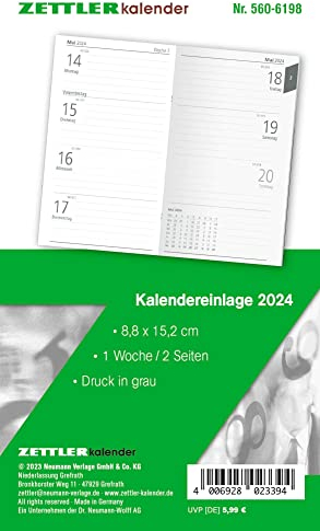 Kalender-Ersatzeinlage 2024 - für den Taschenplaner Typ 560 - 8,8x15,2 cm - 1 Woche auf 2 Seiten - separates Adressheft - Notizheft - 520-6198
