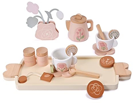 Donmills Wooden Kids Tea Set Toy, Pretend Play Food Kitchen Accessories, Afternoon Tea Party Set for Toddler, Children, with Dessert Tray, Teapot Gifts for Girls & Boys aged 3+