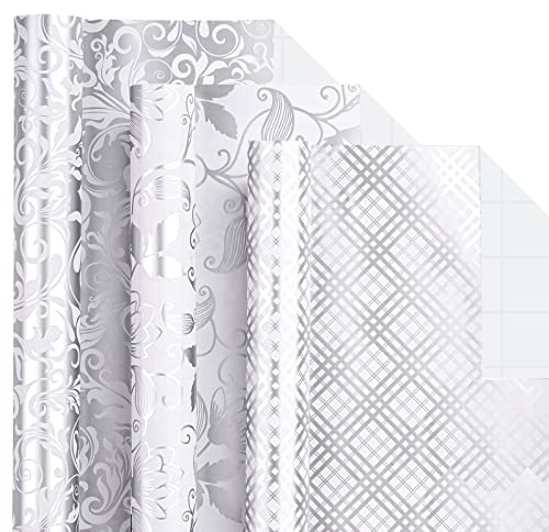 Holijolly Silber Wickelpapier Rolle.Mini Rolle mit Blumen/Glockenblume/Plaid für Hochzeit, Brautdusche, Geburtstag bis 43.2 cm x 3.05 m bis 3 Rollen (42.5 sq.ft.ttl.)