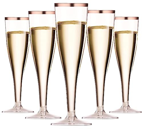 LATERN 50 Stück Champagnergläser mit Roségoldrand, 150ml Champagnergläser aus Kunststoff Wiederverwendbare Party-Weinbecher mit Stiel für Garten Hochzeit Jubiläum Dusche Partys (5 x 17cm)