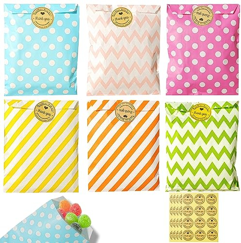 60 Stück Butterbrottüten, Candy-Bar Tüten, Klein Geschenktüten Tüten Bunt Süßigkeiten Tüten mit 60 Aufkleber für Kindergeburtstag Hochzeit Party Abschlussfeier 6 süße Designs