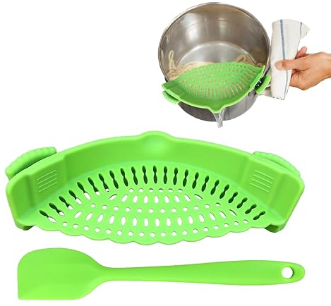 Clip on Strainer for Pots, Pans and Bowls Adjustable Pasta Strainer with Small Silicone Spatula - Made with Food Grade Silicone Pot Strainer-Universal Fit For All Utensils (Green)