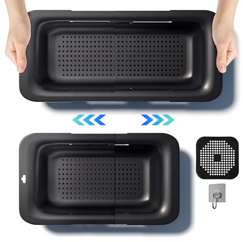 DEUXYU Spülbecken Sieb Küche, Ausziehbare abtropfsieb 34-48cm, Kunststoff Küchensieb BPA Frei, Nudelsieb, Gemüse Obst zu waschen, Ein must-have Küchenutensilien, Haushalt Sieb für Spülbecken