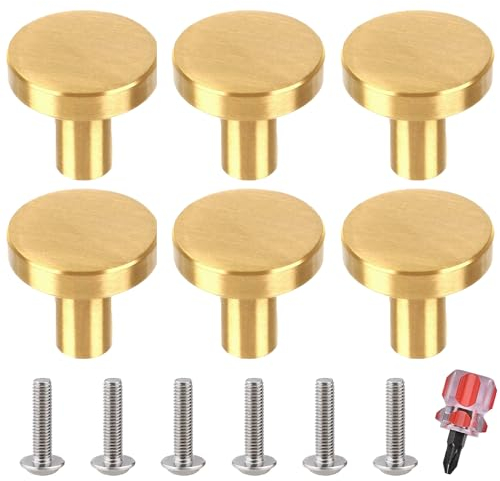 luckaide 6 Stück Schrankknöpfe Gold, Matt Möbelknöpfe Gold, Türknauf Gold, Möbelknopf Gold Edelstahl für Küchenschränke Runde Türgriffe Schubladengriffe für Schrank, Kleiderschrank(30MM)