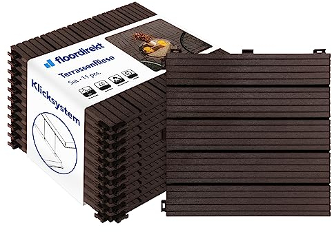 Floordirekt Fliesen 30x30 cm, 1m² = 11 Terrassenfliesen, Klickfliesen, Balkonfliesen in Holzoptik - Bodenbelag für Balkon & Terrasse - wetterfest mit Drainagefunktion | Braun | Claire