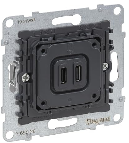 LEGRAND, SEANO 2-fach USB-Ladesteckdosen-Einsatz, 2x-Typ C Ladestrom: 3 A bei 5 V bei einem Gerät, 1,5A bei gleichzeitigem Laden, 765028