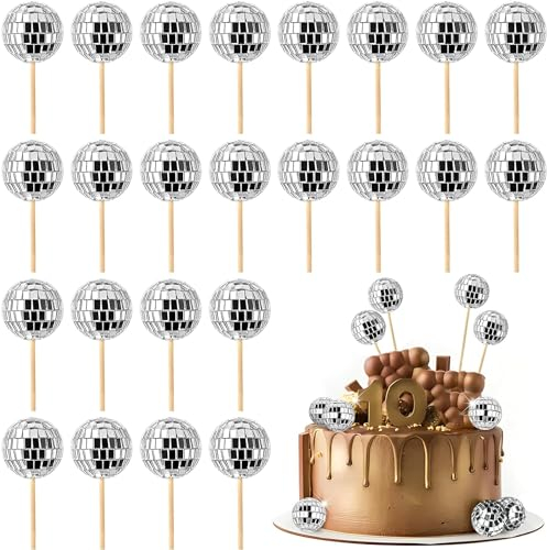 Socluer 24 Stück Discokugel Kuchen Toppers, 1970S Disco Tortendeko, Disco Balls Cake Toppers für Geburtstags, Disko Themenparty