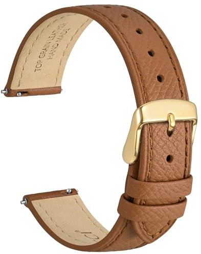 WOCCI 18mm Grace Uhrenarmband für Damen, Top Grain Leder, Schnellverschluss, Goldener Schnalle (Braun)