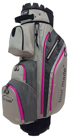Tour Made Golfbag Cartbag ohne Schlägerklappern I großes Kühlfach I Herren & Damen I Golf Bag mit Organizer I durchgängige Schlägerfächer (Grey-Pink)