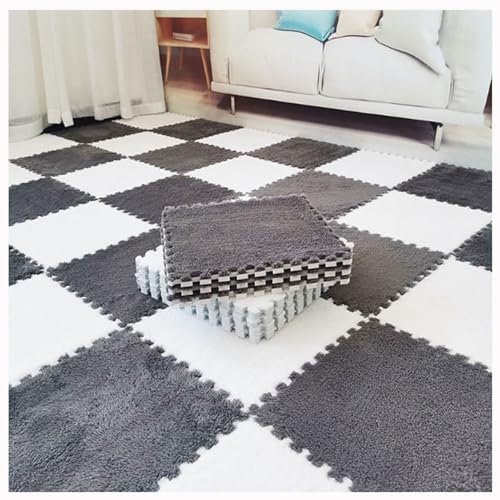 Soft Plush Puzzle Play Mats,Foam Interlocking Floor Mats,Plush Area Rug Fluffy Carpet Tiles,Foam Flooring For Bedroom/Play Room,10pcs,12x12inch(Color:Gray + white)