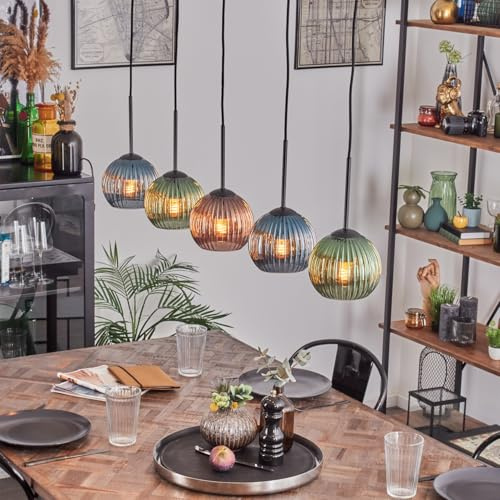 Pendelleuchte Koyoto, Hängeleuchte aus Metall/Riffelglas in Schwarz/Grün/Blau/Kupfer, Leuchte im Retro/Vintage-Design mit Schirmen aus Glas (Ø 15 cm), Höhe max. 135 cm, 5x E27, ohne Leuchtmittel