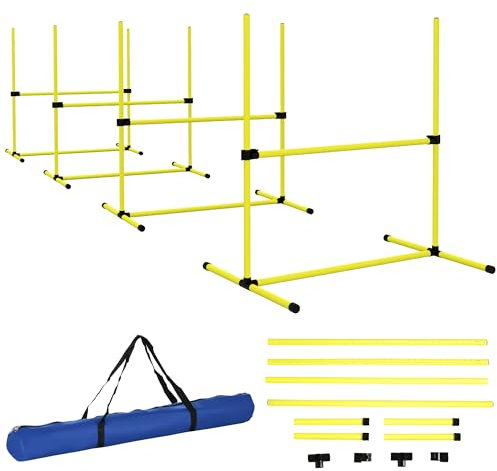 PawHut Agility pour chiens, kit agility chien parcours, set de 4 obstacles professionnels hauteur réglable, système de maintien au sol sac transport parfait pour jeux intéressants, entraînement, jaune