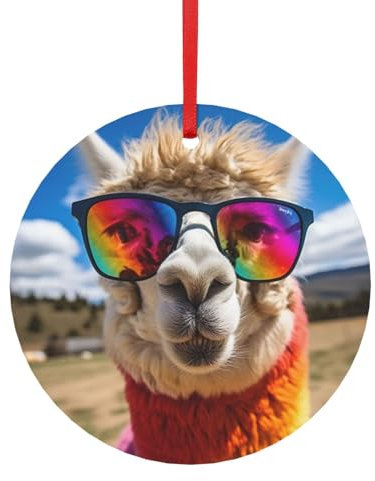 Lustige Weihnachtsdeko Metall Lama mit Regenbogen Brille für Christbaumschmuck Anhänger mit Band Verschiedene Größen (S, L)