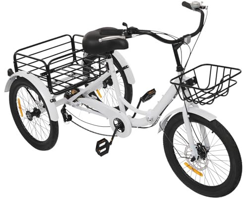 Begoniape 20 Zoll Dreirad Klappbar, Dreirad Fahrrad für Erwachsene und Senioren, 3 Rad 7 Gänge Fahrrad, Einstellbare Tricycle Dreirad City-Dreirad mit Vordere & Hinteren Korbs, bis 130 Kg (Weiß)