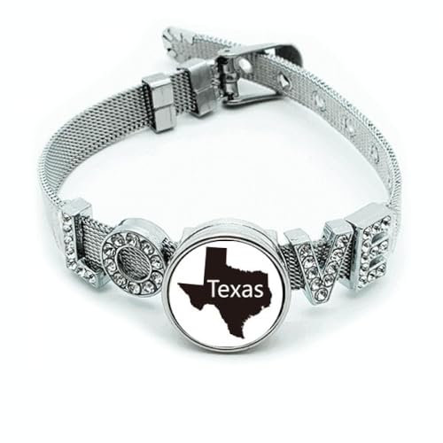 Texas America USA Map Umriss Armband Armband Kristall Liebe verstellbar Armreif, M, Metall
