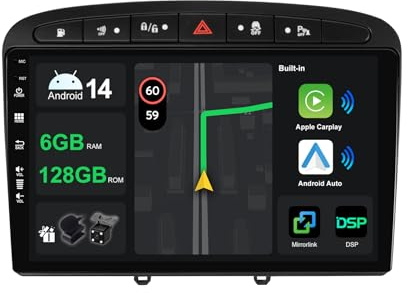 [6G+128G] IPS 9 Android 14 Autoradio Für Peugeot 308 2007-2013 mit navi Octa Core-[Eingebauter CarPlay/Android Auto/DSP/Mirror Link/GPS Navi/360 Camera/Bluetooth 5.0/WiFi/USB
