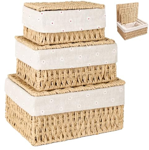 ZHYOPING Set of 3 Storage Baskets with Lids – Natural Paper Rope Storage Basket, 3 Sizes Woven Hamper Basket with Lining for Toys, Bathroom, Living Room, Bedroom – Boho Decorative Storage Solution
