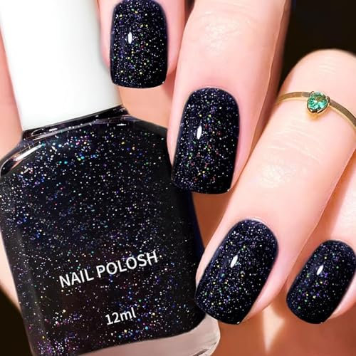 Glitter Black Nail Polish - Quick Dry 12ml Glossy Varnish - Healthy Sparkle Oil Based Formula - Natural DIY Nail Art Manicure