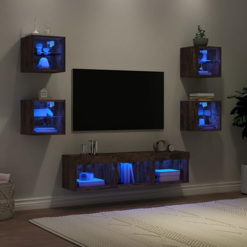 Rainery Unités murales TV avec LED 7 pcs chêne fumé Bois d'ingénierie, Armoire TV Mural, Muraux de Télévision avec Étagères Meubles TV Suspendus pour Salon Chambre