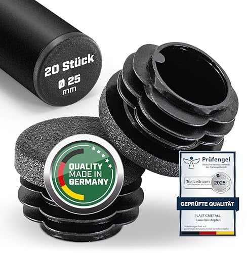 plasticmetall® Lamellenstopfen rund Ø 25 mm für Rundrohr [20 STK] I Rohrstopfen aus PE - Ideal für Aluprofil, Gartenmöbel, Stuhlbeine & Mehr I Runde Verschlussstopfen mit FUNKENEROSION-Struktur