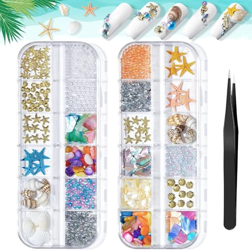 2 Boîtes Charmes pour Ongles sur le Thème de l'Océan,Lot de breloques 3D pour ongles,Décoration d'ongles,avec 1 Pincette Pick Up,strass ongle nail art,pour Décoration d'Ongles à Faire Soi-Même (B)