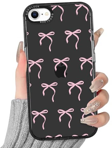 Yirlbey Transparent HandyHülle für iPhone 8/7 / SE 2020 / SE 2022 Hülle, Aesthetic Rosa Schleifen Muster Bunt Design Mädchen Geschenk Schutzhülle, Silikon PC Case Cover für iPhone SE 4,7,Schwarz