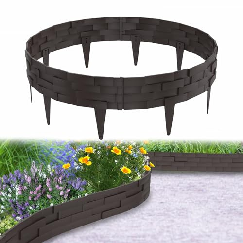 Aufun 20m Rasenkante Steinbricksimulationsstil Braun | Beeteinfassung Kunststoff Steinbricks-Optik Design Garten Beetumrandung Biegbarer Mähkante Beetbegrenzung Flexible
