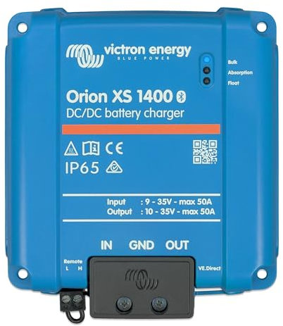 Victron Energy Orion XS 1400, 12/24-Volt 50 Amp DC-DC Battery Charger – 1400W Output, 98.5% Efficiency, Bluetooth Monitoring, Adaptive 4-Stage Charging, IP65 Rated for Dual Battery Systems