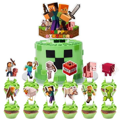 YOGARTH 25 Stück Pixe Tortendeko Jungen, Video Game Kuchen Deko Kindergeburtstag, Cake Topper Set, Happy Birthday Topper für Geburtstag Party Kuchen Dekoration Supplies Jungen (E)