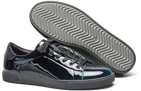 Harssidanzar Scarpe da uomo casual in pelle verniciata con lacci,scarpe eleganti Oxford,scarpe da cerimonia KM312EU,Nero,Dimensione 43