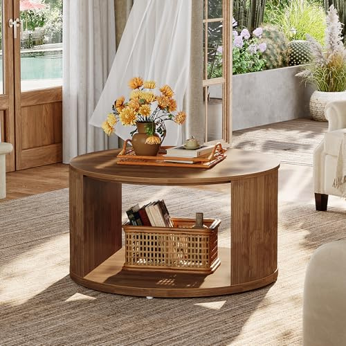 Tribesigns Round Coffee Table, 80cm Small Coffee Table with Fluted Drum Base and Alcove Storage, Mid-Century Modern Accent Cocktail Table for Living Room, Apartment, Small Space, Walnut